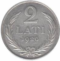 (1926) Монета Латвия 1926 год 2 лата   Серебро Ag 835  VF